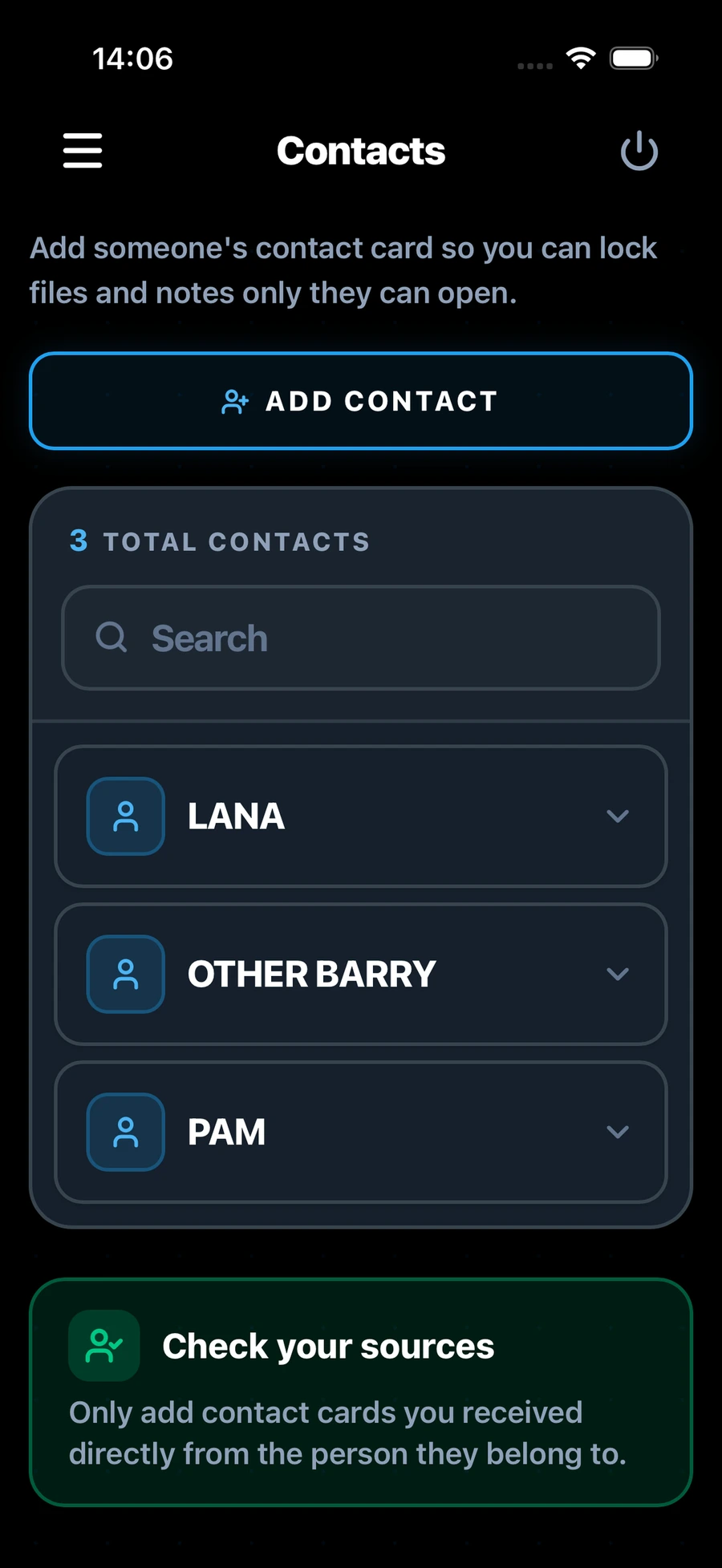Doughnut Forge on iPhone: the Contacts screen with three trusted contacts