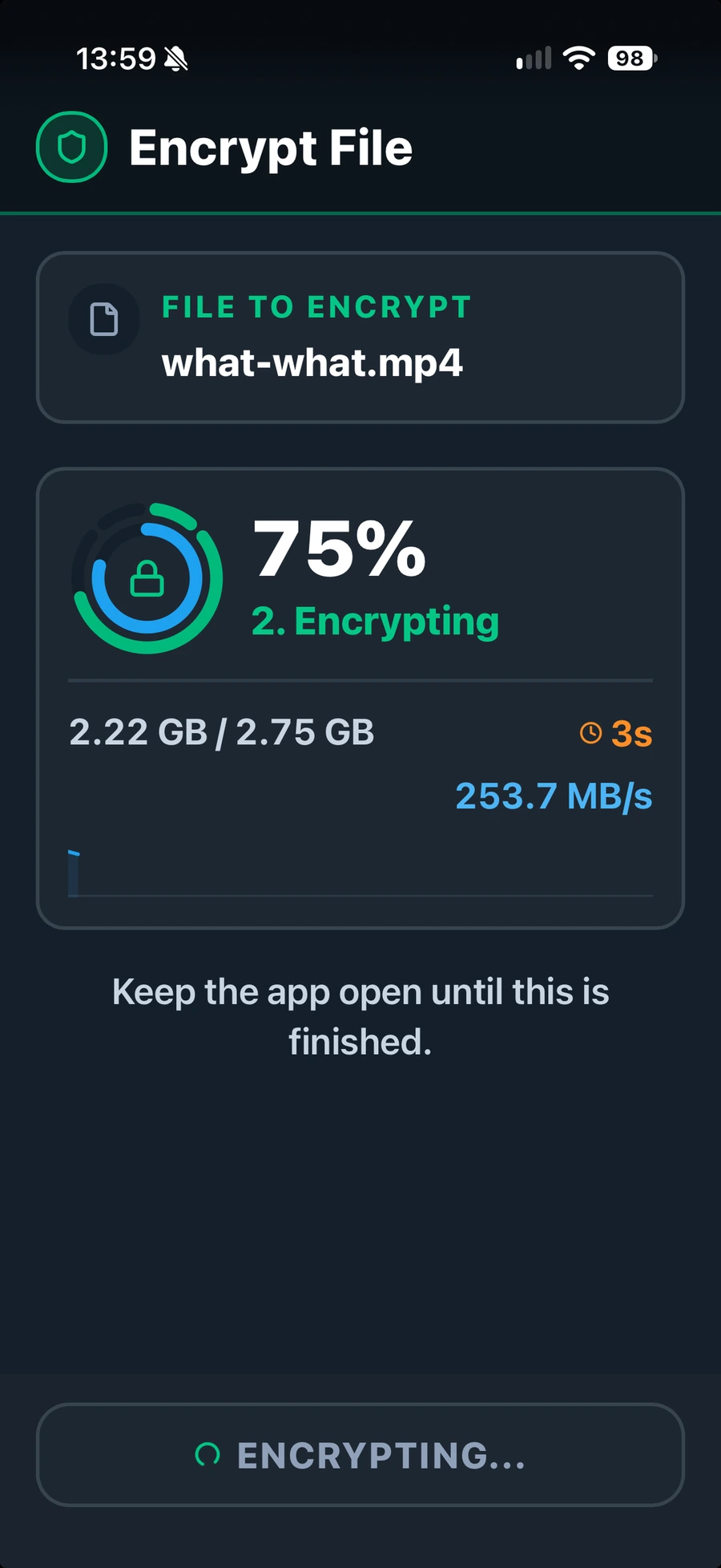 Doughnut Forge on iPhone: a video being encrypted, 75% done