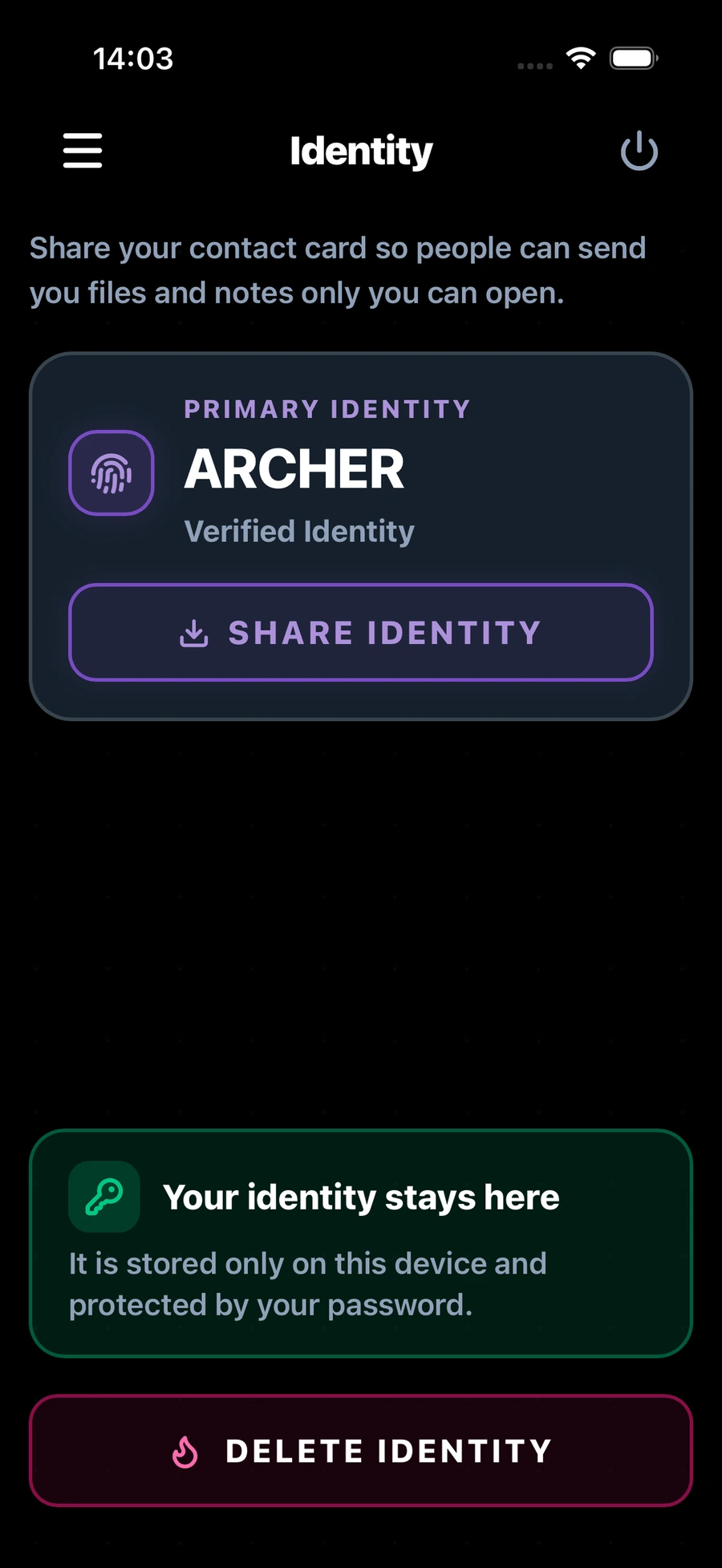 Doughnut Forge on iPhone: the Identity screen with a contact card to share