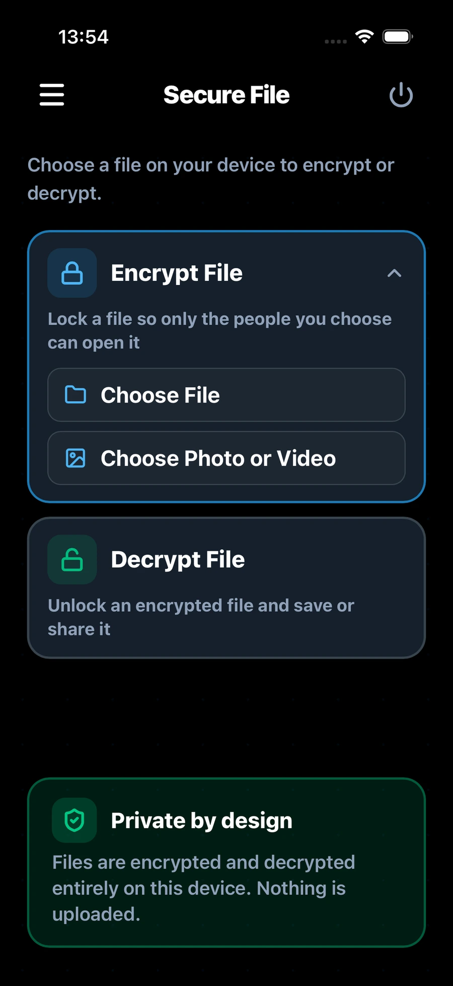 Doughnut Forge on iPhone: the Secure File screen with Encrypt File and Decrypt File