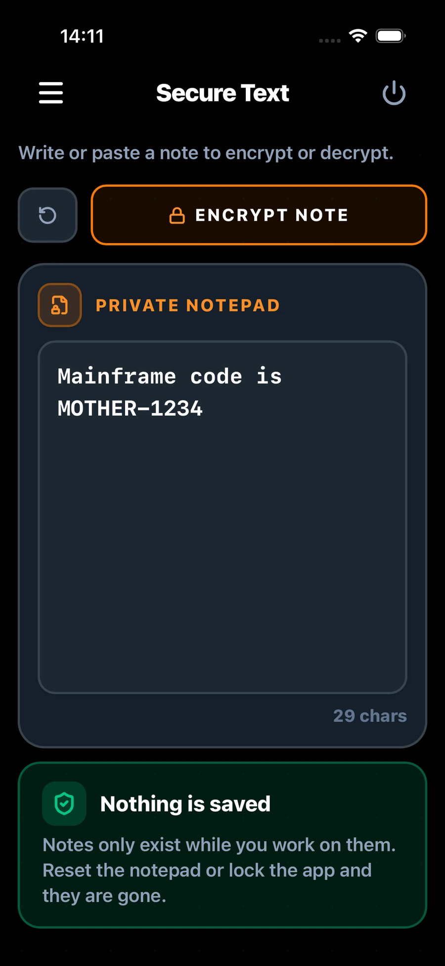 Doughnut Forge on iPhone: the Secure Text screen with a note ready to encrypt
